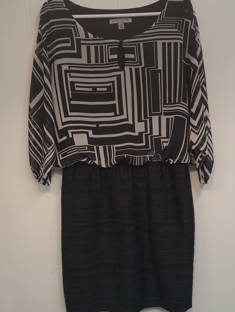 Danny & Nicole Geometric Black and White Design Dress w/ Textured Bottom